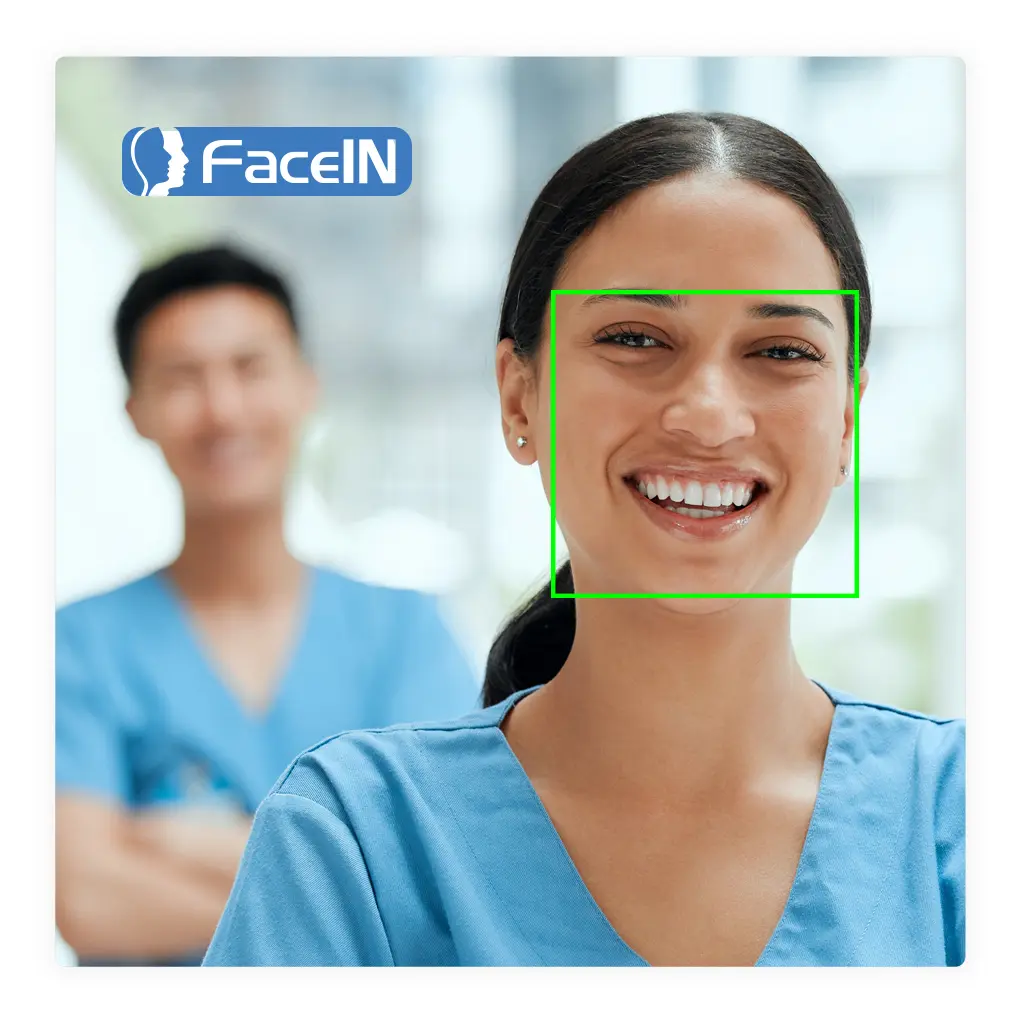 Nurse with face recognition indicator around her face