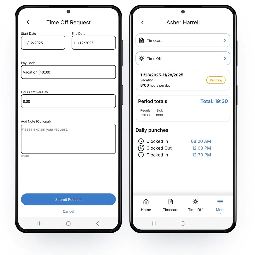 Image of PayClock Mobile App Time Off Request and Employee Details Screens
