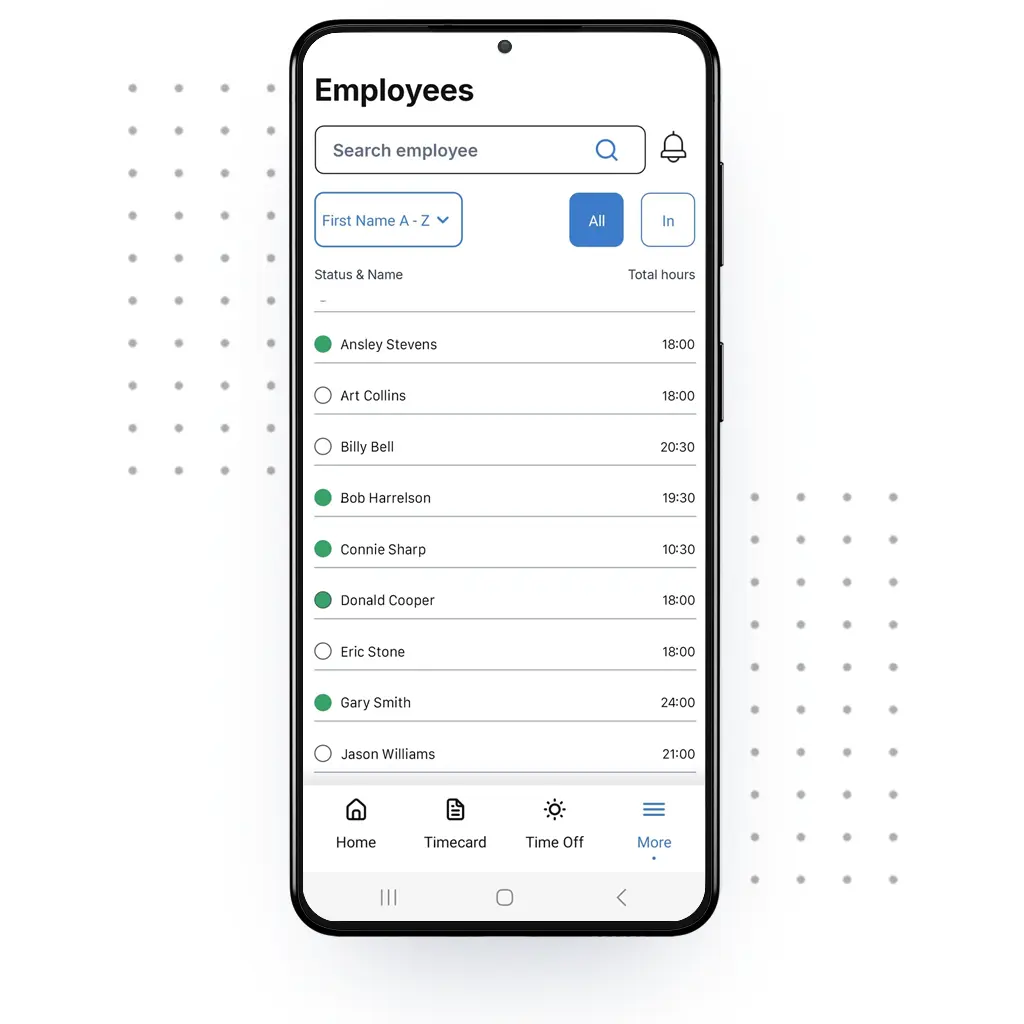 Image of PayClock Mobile App Employee List Screen