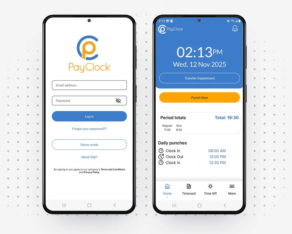 Image of PayClock Mobile App Login and Clock In Screens