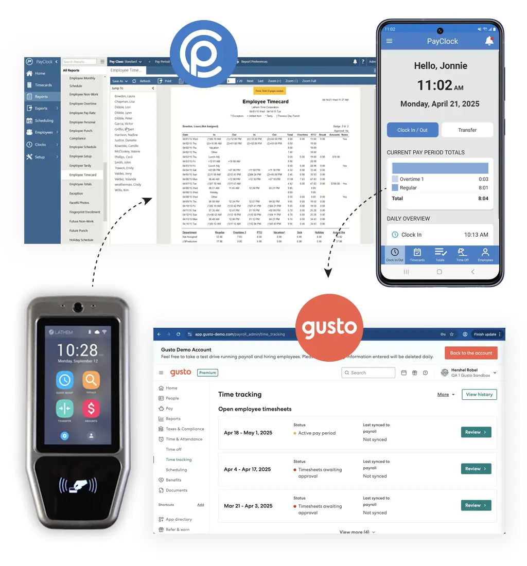 PayClock Online and Gusto Screens