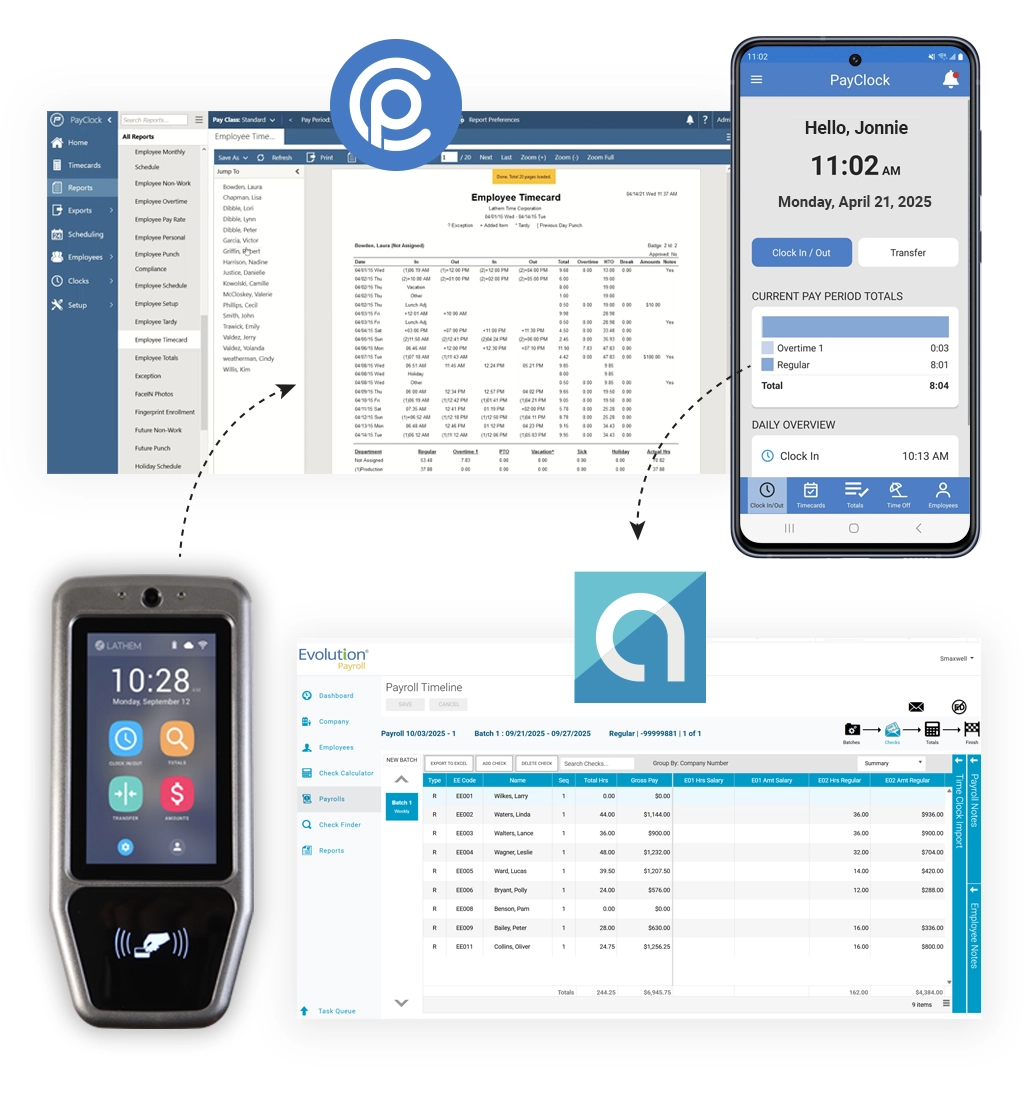 PCProx Time Clock, PayClock and Asure Screens