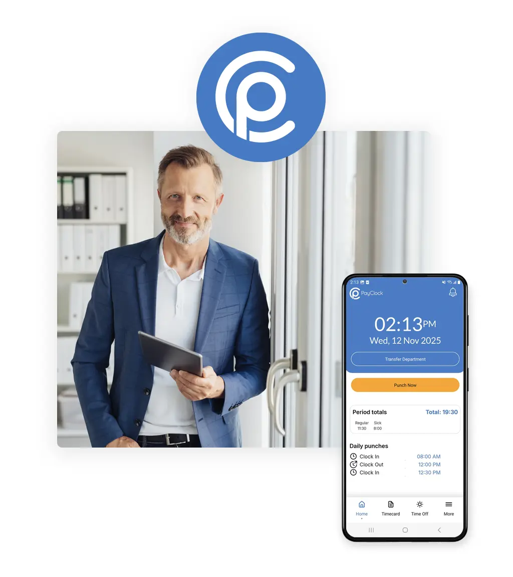 Image of Manager Holding Tablet with overlay of PayClock Logo and App
