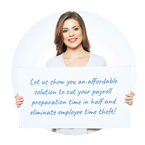 Woman holding sign saying Lathem's solution can help cut payroll prepartion and eliminate time theft | Lathem