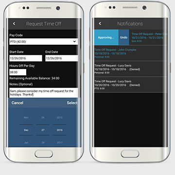Two views of how employees clock in on a mobile time clock app